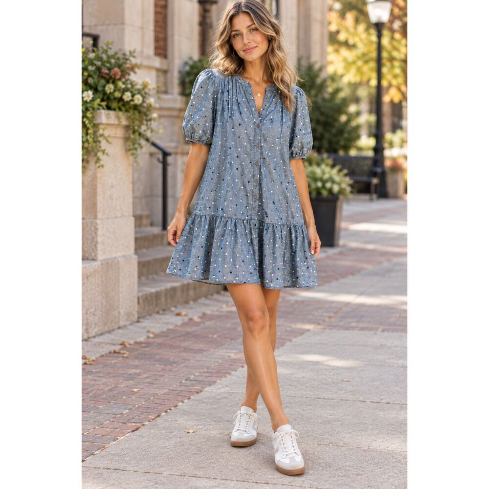 Loft Blue Chambray 100% Cotton Polka Dot Dress Roomy Size XS